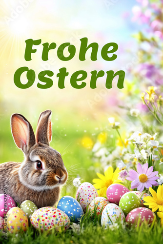 Obraz na płótnie Frohe Ostern Grußkarte mit Osterhase und Ostereier Hase im Frühling w salonie