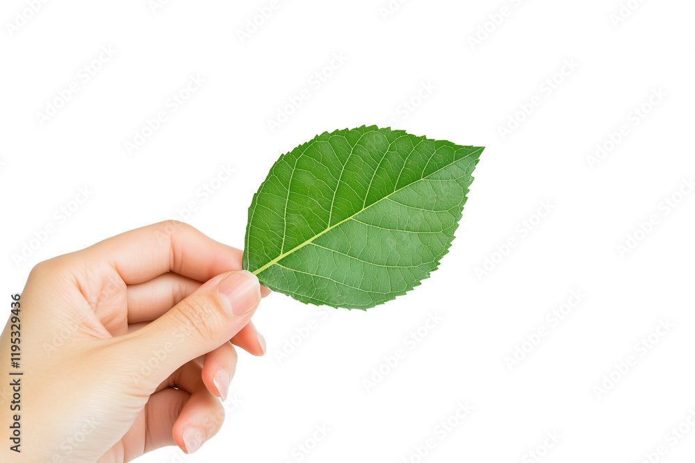a Hand holding a green leaf isolated on a transparent background a Hand holding a green leaf isolated on a transparent background