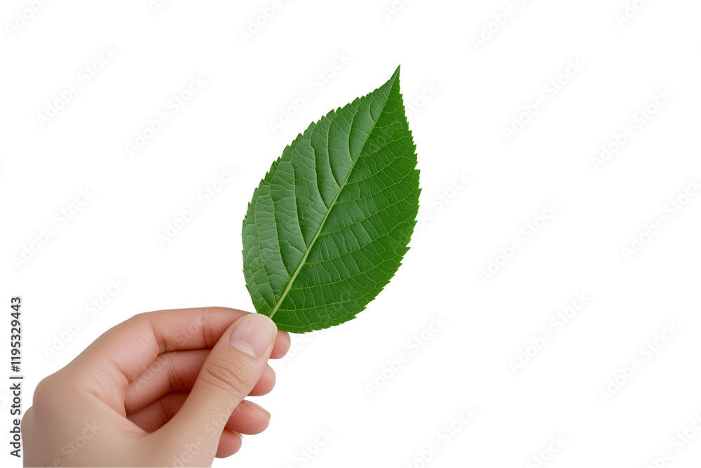 a Hand holding a green leaf isolated on a transparent background a Hand holding a green leaf isolated on a transparent background