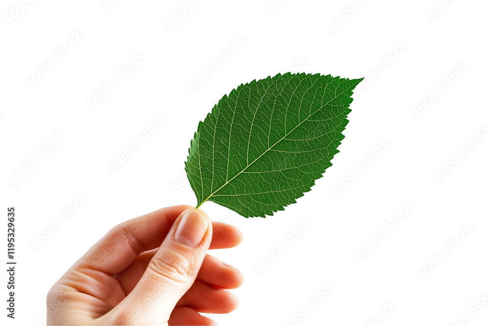 a Hand holding a green leaf isolated on a transparent background a Hand holding a green leaf isolated on a transparent background