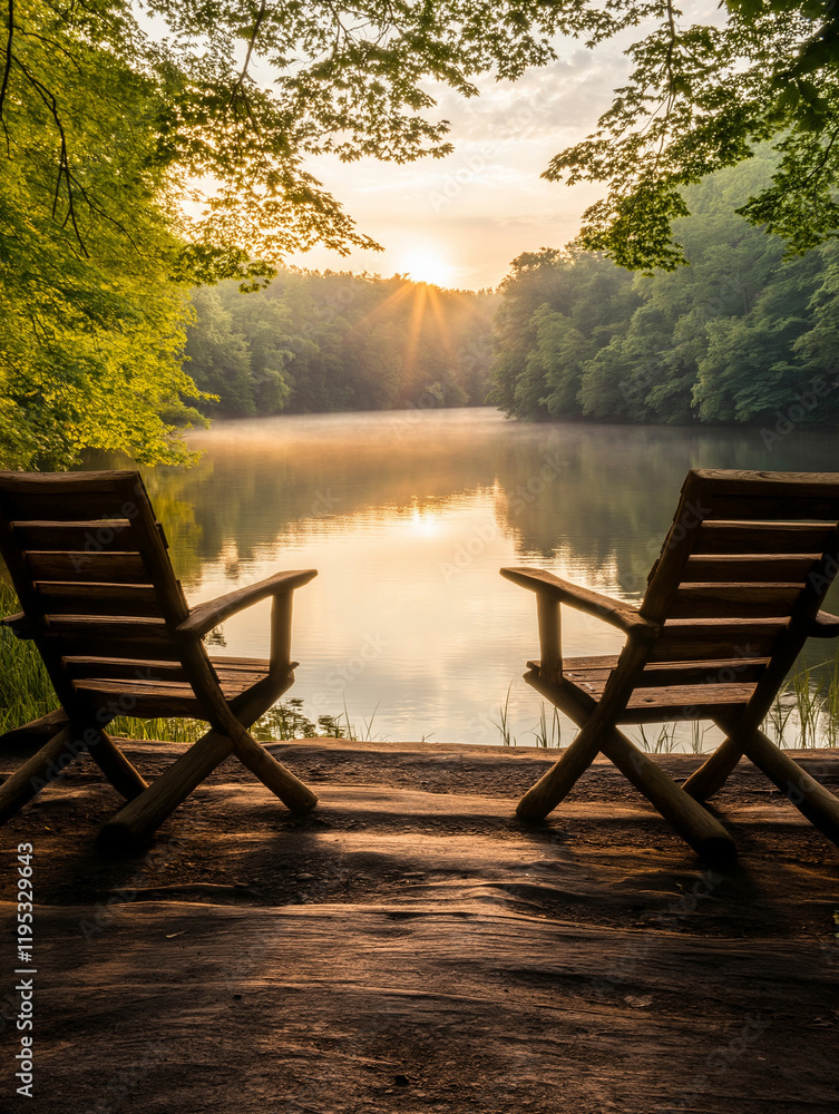 Fototapeta premium Sunrise Serenity: Two empty chairs stand side by side on a wooden deck overlooking a serene lake, bathed in the golden light of a sunrise, inviting a sense of peace and tranquility. 