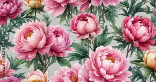Vibrant watercolor peonies in various stages of growth,  botanical art,  watercolor flowers,  colorful blooms
