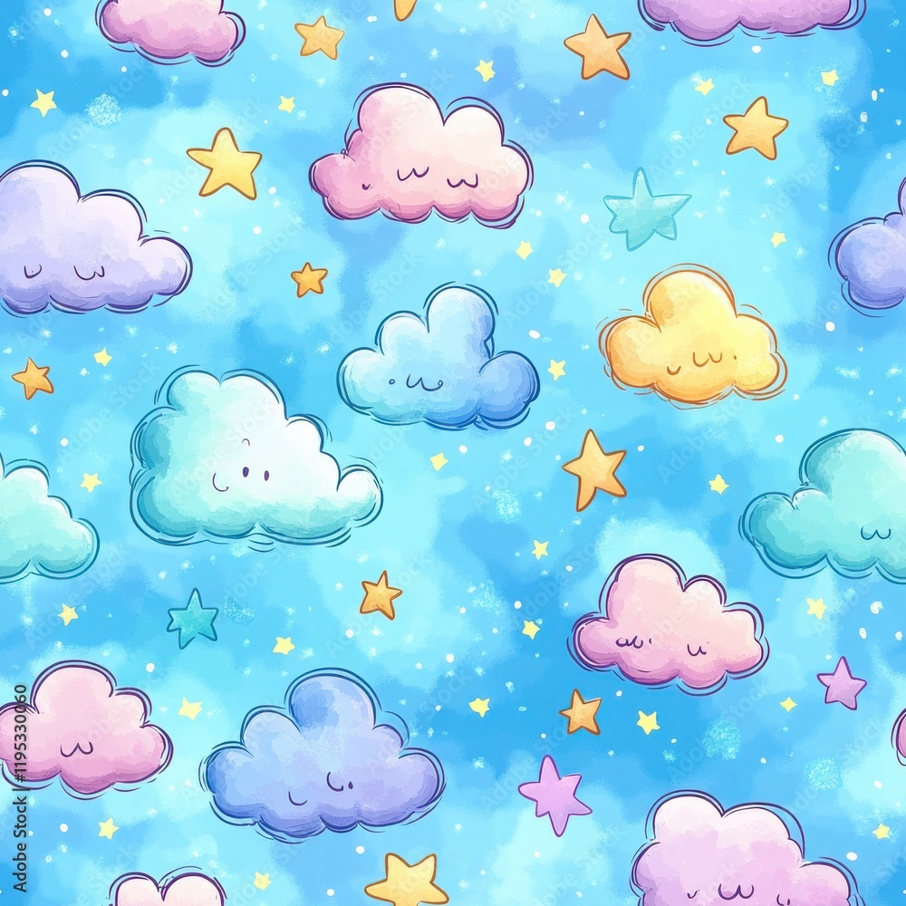 Colorful doodle clouds and stars in a whimsical watercolor pattern perfect for playful designs Colorful doodle clouds and stars in a whimsical watercolor pattern perfect for playful designs