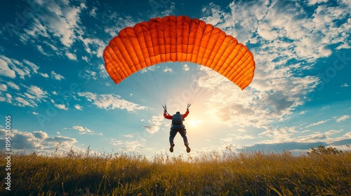 Skydiver landing gracefully with parachute open, feet touching down on a grassy field,
