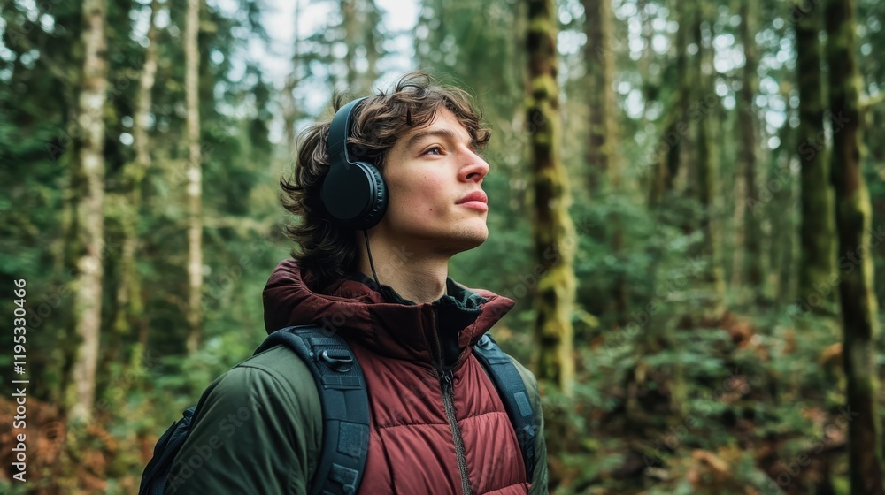 Hiker explores peaceful forest trail while enjoying nature and music in a serene environment Hiker explores peaceful forest trail while enjoying nature and music in a serene environment