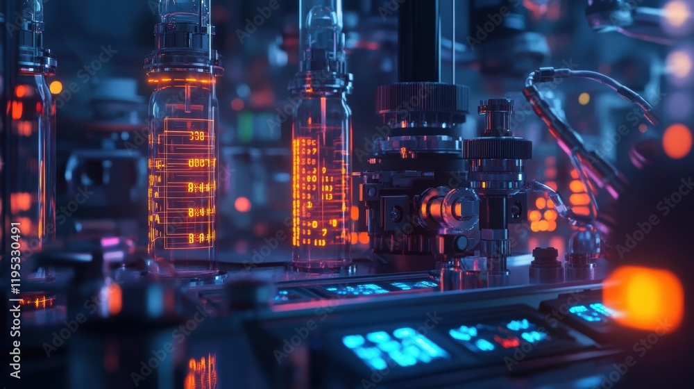 A detailed closeup of a fluid delivery system controlled by robotic arms with numeric displays of exact volumes and flow rates alongside animated representations of chemical flow. A detailed closeup of a fluid delivery system controlled by robotic arms with numeric displays of exact volumes and flow rates alongside animated representations of chemical flow.