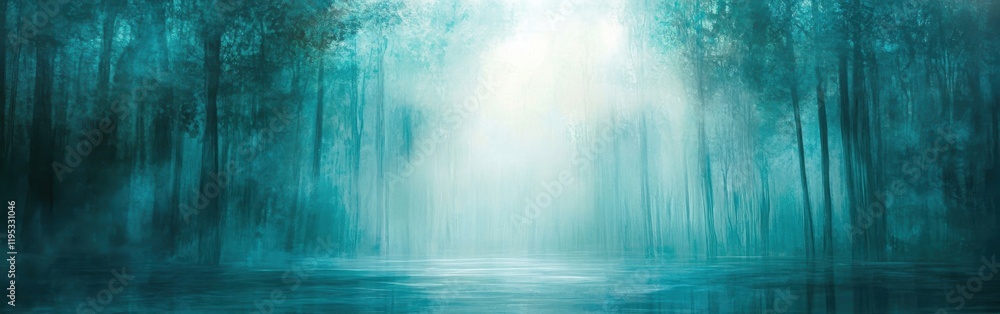 Mystical teal forest with fog and calm water reflecting the enchanting atmosphere of a serene environment Mystical teal forest with fog and calm water reflecting the enchanting atmosphere of a serene environment
