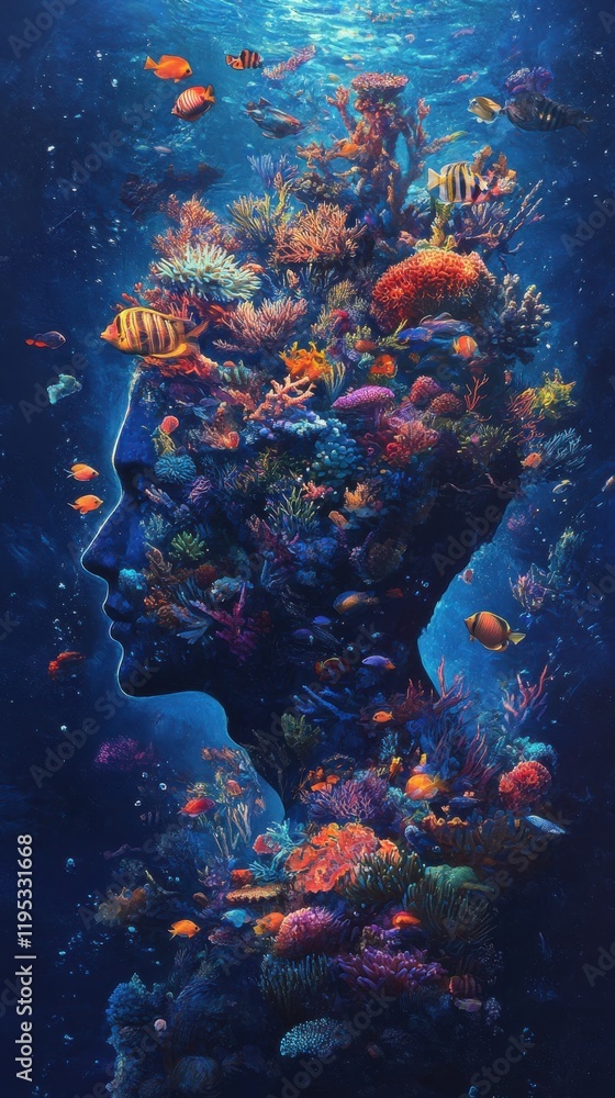 Fototapeta premium Mystical profile of a man filled with vibrant coral reef and marine life in an underwater paradise
