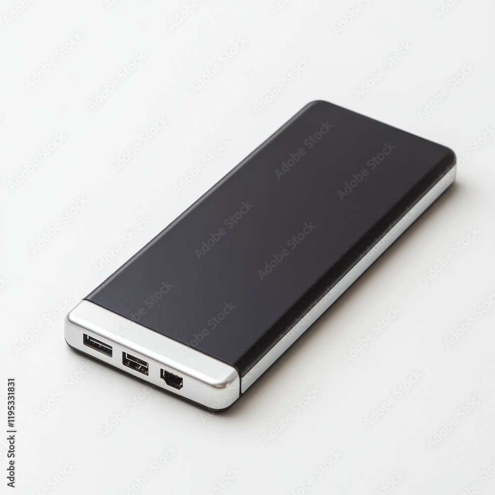 Modern black and silver external battery for portable charging needs Modern black and silver external battery for portable charging needs