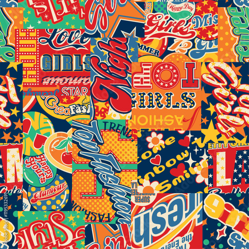 Cute girl cartoon lettering labels patchwork wallpaper vintage vector seamless pattern for shirt fabric wrapping carpet tablecloth pillow