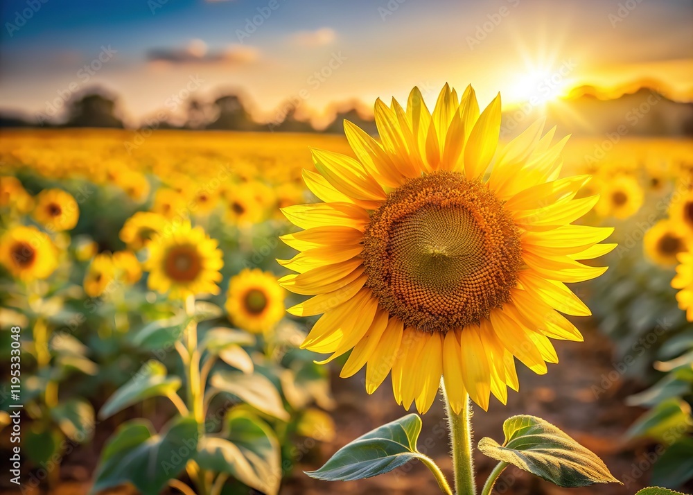 Fototapeta premium Autumn Harvest: Stunning Sunflower Field Bloom, Sharp Focus, Golden Hour Photography