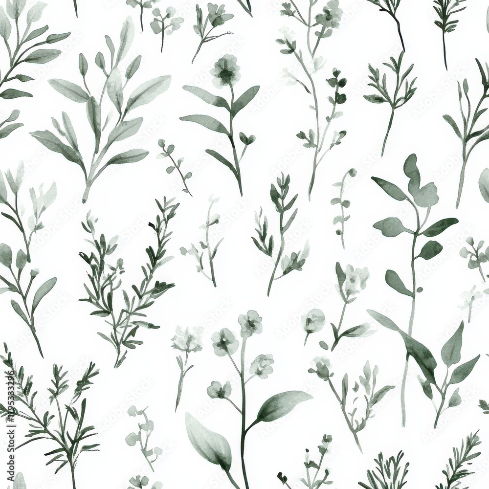 Fototapeta premium Gentle watercolor doodle illustrations of various plants and flowers in a serene design