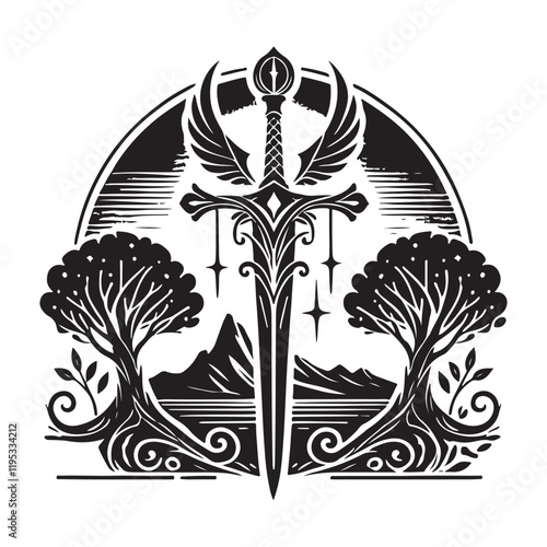 Excalibur Silhouette Vector Illustration, Solid White Background.
