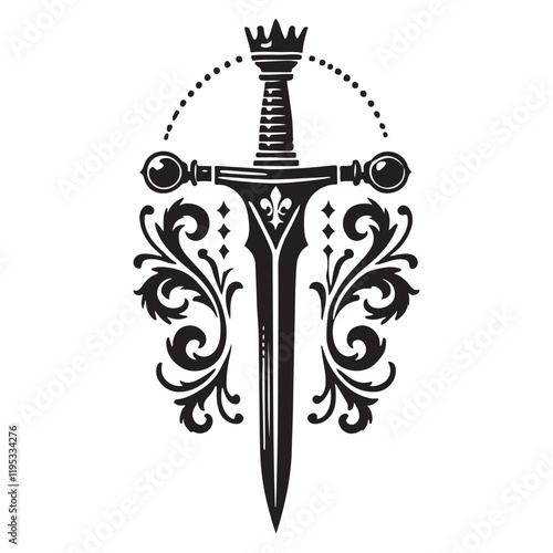 Excalibur Silhouette Vector Illustration, Solid White Background.