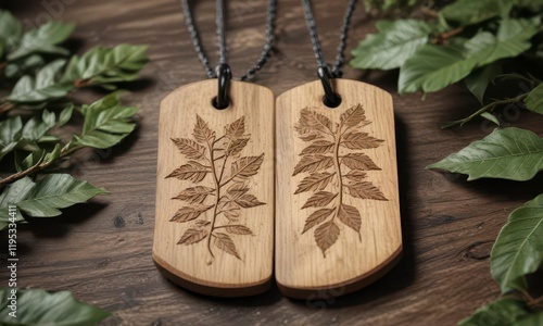 Wooden military dog tag with intricate carvings of leaves and branches,  nature,  leaf, wooden dog tag photo