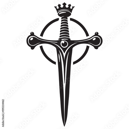 Excalibur Silhouette Vector Illustration, Solid White Background.