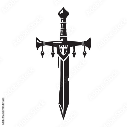 Excalibur Silhouette Vector Illustration, Solid White Background.