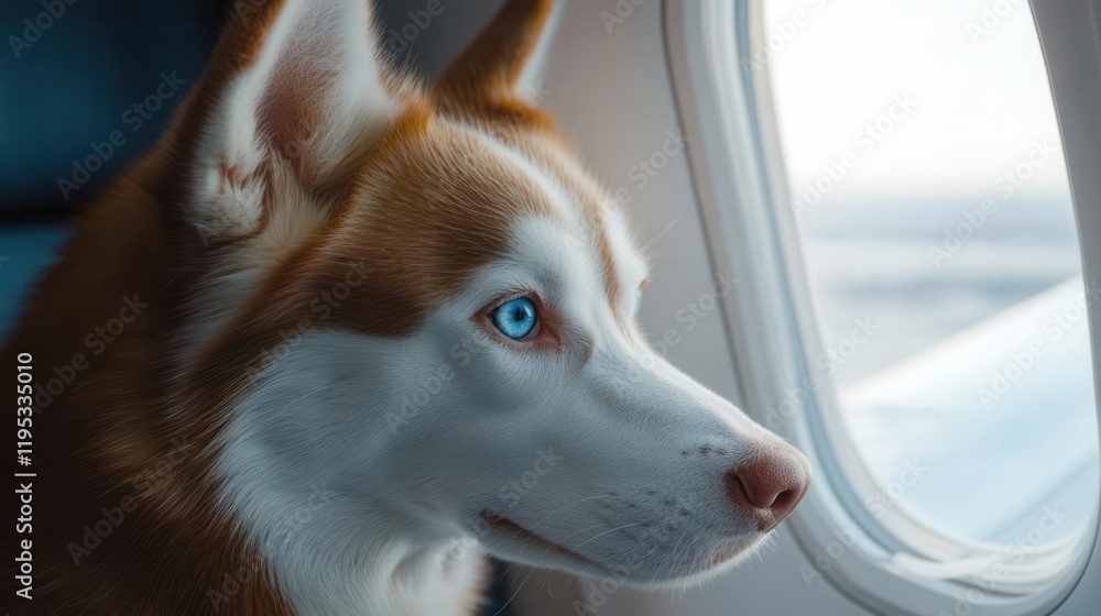 a playful red and white husky with bright blue eyes gazes out of an airplane window, being cradled gently, symbolizing travel and the comforting bond of emotional support a playful red and white husky with bright blue eyes gazes out of an airplane window, being cradled gently, symbolizing travel and the comforting bond of emotional support