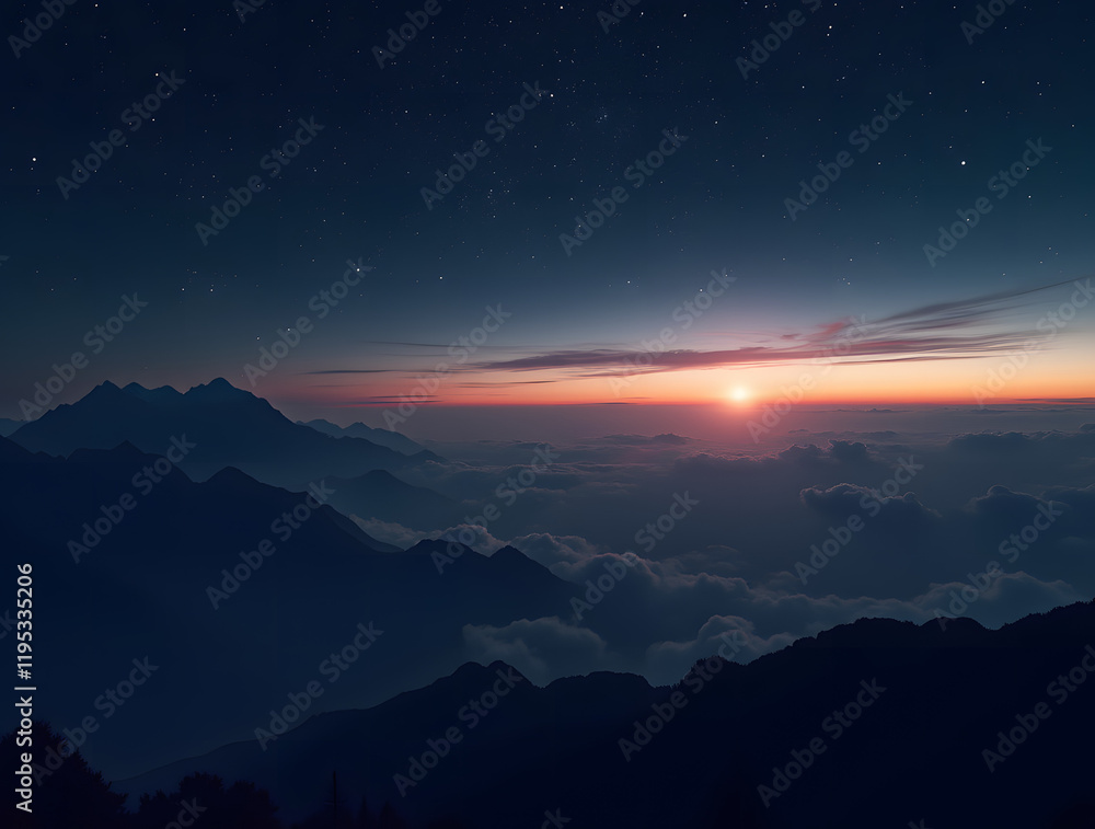 A wide-angle view of the night sky, where stars sparkle above faraway mountains and scattered clouds. The setting sun in the background paints the horizon in warm hues, casting elongated shadows acros A wide-angle view of the night sky, where stars sparkle above faraway mountains and scattered clouds. The setting sun in the background paints the horizon in warm hues, casting elongated shadows acros