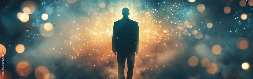 Mystical man surrounded by a glowing aura in a cosmic environment at twilight Mystical man surrounded by a glowing aura in a cosmic environment at twilight