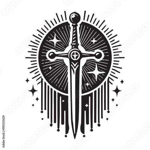 Excalibur Silhouette Vector Illustration, Solid White Background.