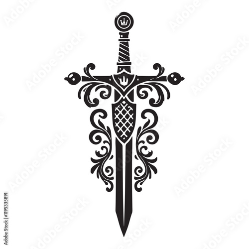 Excalibur Silhouette Vector Illustration, Solid White Background.