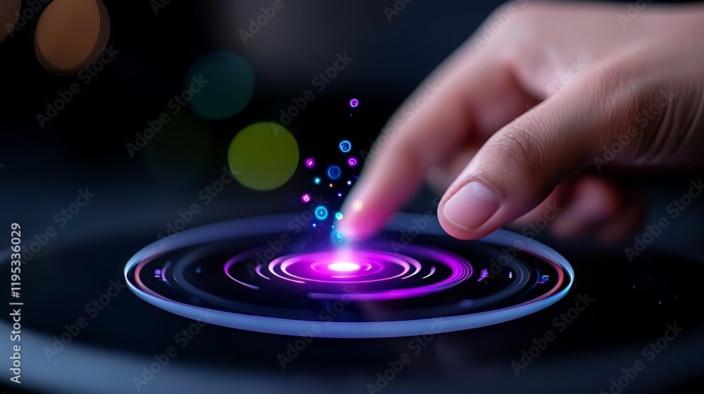 Human Finger Interacting with Glowing Circular Interface Human Finger Interacting with Glowing Circular Interface