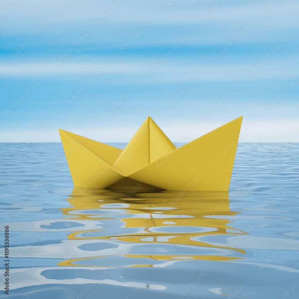Obraz premium A yellow paper boat floats serenely on calm blue water under a bright sky.