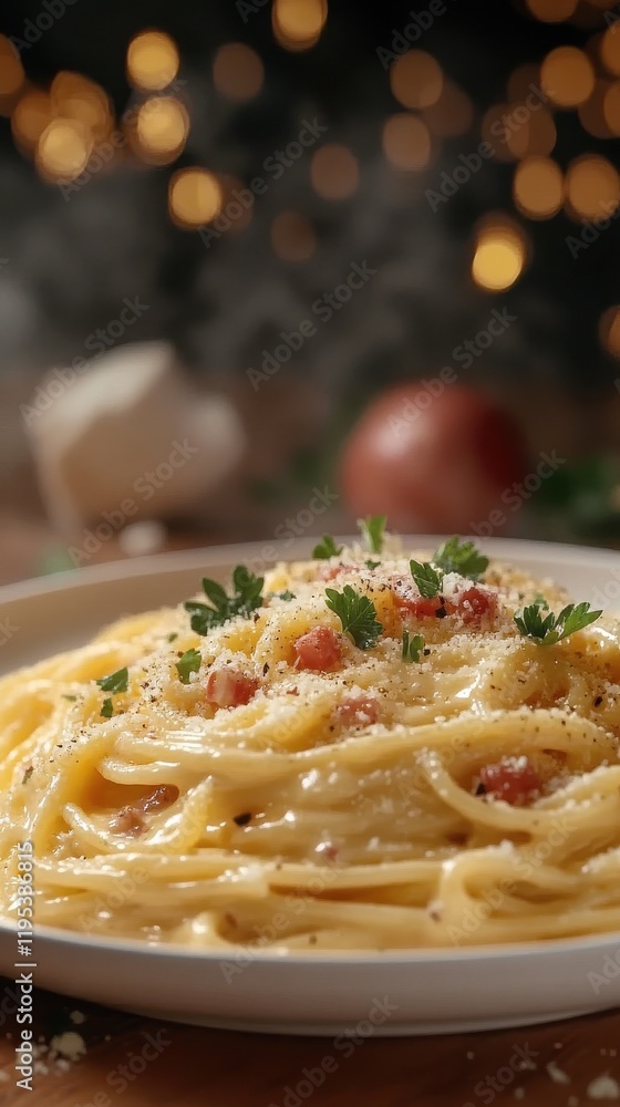 Delicious close-up of creamy pasta with bacon bits and fresh parsley on a festive table Delicious close-up of creamy pasta with bacon bits and fresh parsley on a festive table