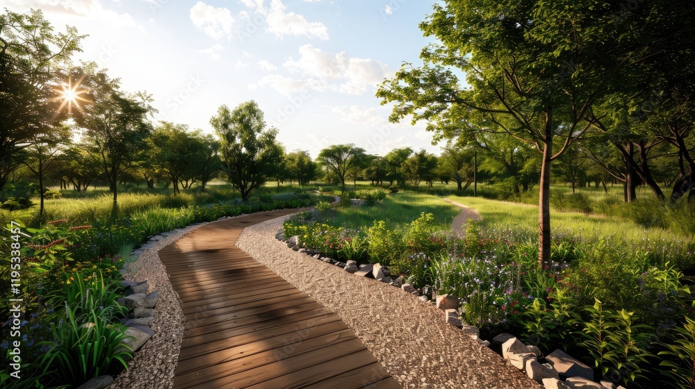 Fototapeta premium Serene Pathway Through Lush Green Landscape Under Blue Sky