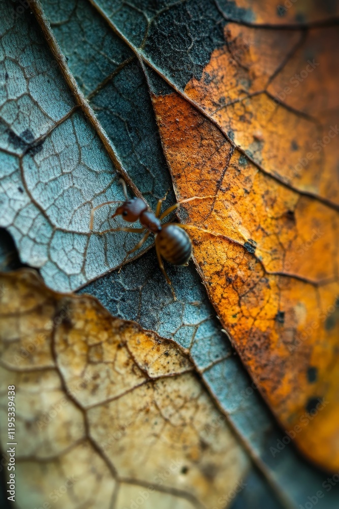 Ant on colorful, textured, decaying leaves. Ant on colorful, textured, decaying leaves.