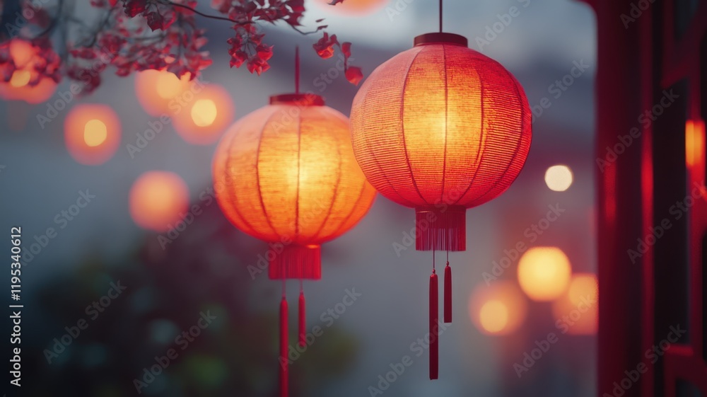 Two red lanterns hanging from a tree in the woods Chinese New Year Two red lanterns hanging from a tree in the woods Chinese New Year
