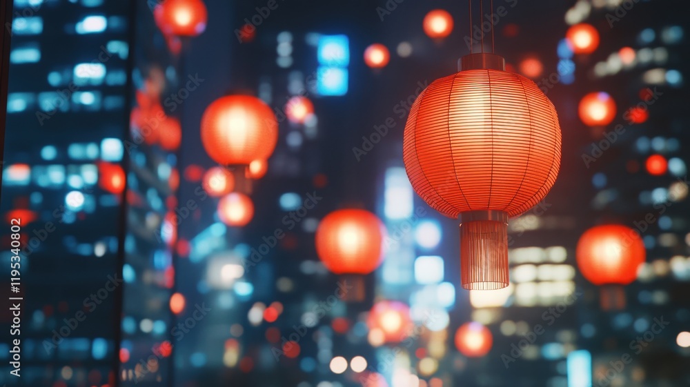 Cityscape with many red lanterns hanging from the sky Chinese New Year Cityscape with many red lanterns hanging from the sky Chinese New Year