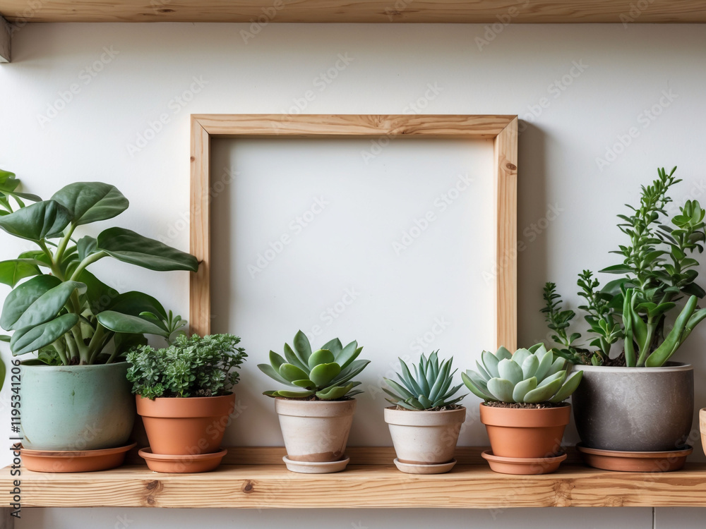 Minimalist Scandinavian-style room with a photo frame mockup displayed on a bamboo shelf, adorned with various plants in stylish, decorative pots. Minimalist Scandinavian-style room with a photo frame mockup displayed on a bamboo shelf, adorned with various plants in stylish, decorative pots.