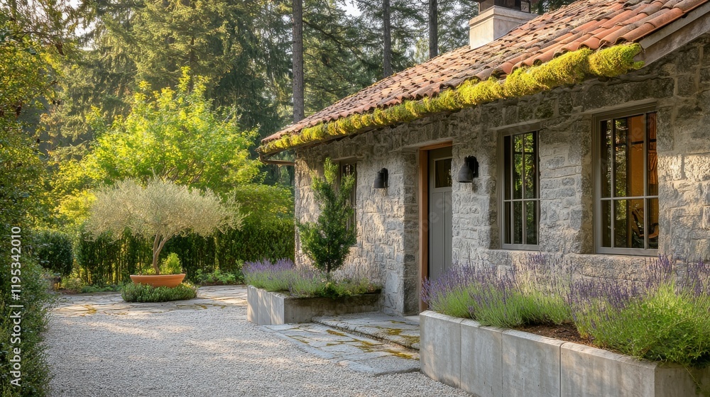 Charming stone house in forest with clay roof and lavender garden plants Charming stone house in forest with clay roof and lavender garden plants