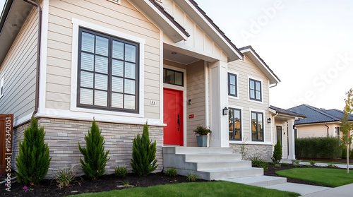 Wallpaper Mural Modern House Exterior: Red Door, Grey Brick, and Contemporary Design.  Luxury Home in a quiet neighborhood. Real Estate photography. Torontodigital.ca