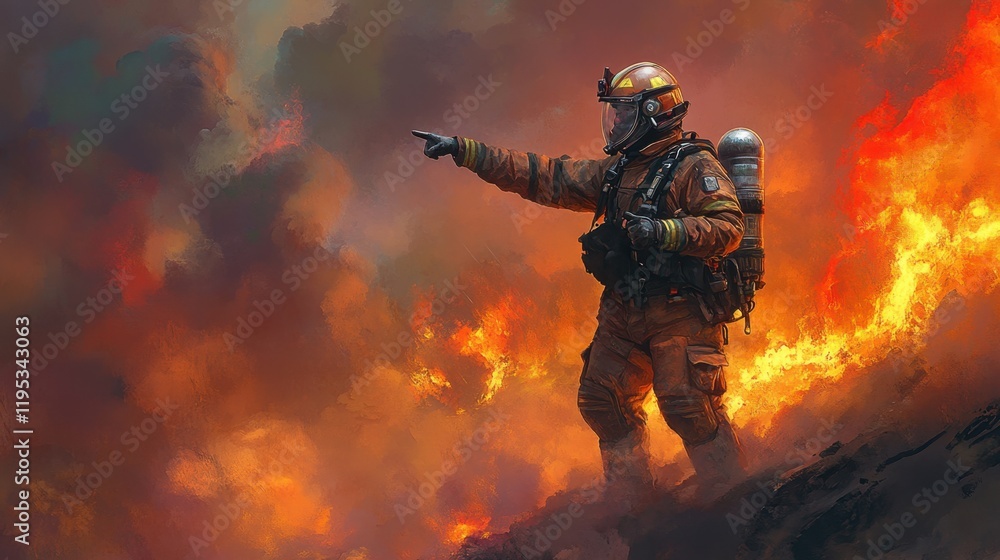 Firefighter Commands in Fiery Landscape During Intense Blaze Firefighter Commands in Fiery Landscape During Intense Blaze