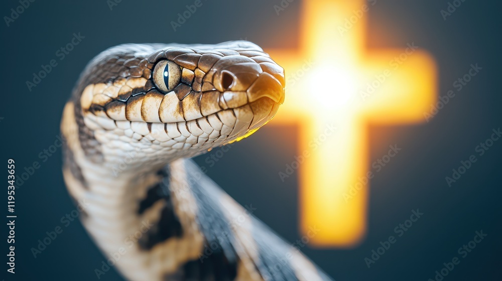 Obraz premium Snake Poison Medical Concept, Close-Up of Snake's Head with Glowing Medical Cross in Background for Health and Nature Themes