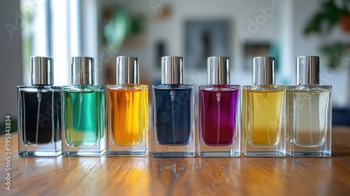 Colorful perfume bottles arranged in a row on a wooden surface photo