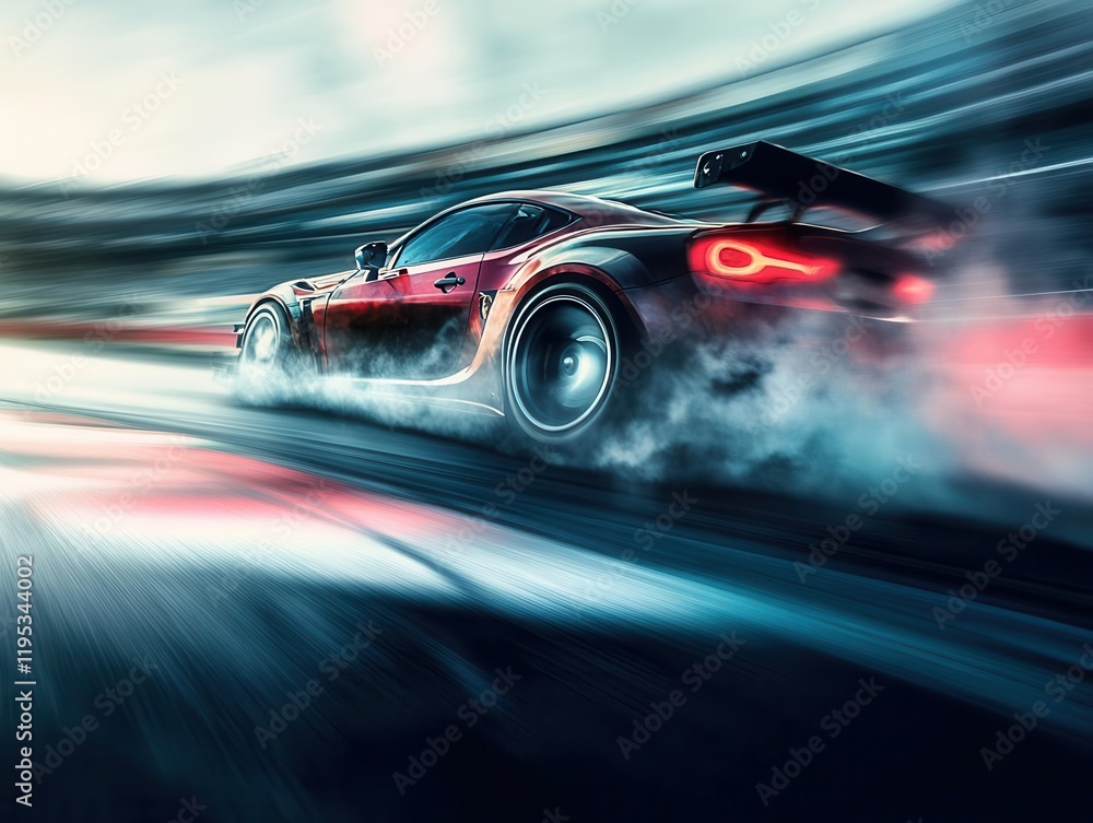 dynamic scene of a sport car racing on a track, tires screeching as they drift, capturing the excitement and adrenaline of motorsport competition dynamic scene of a sport car racing on a track, tires screeching as they drift, capturing the excitement and adrenaline of motorsport competition