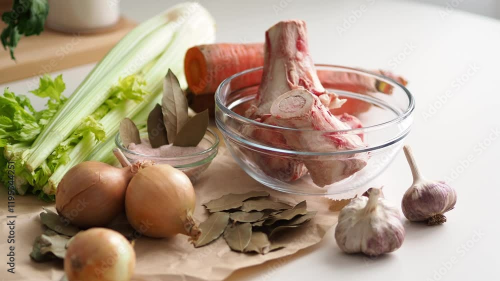 Bone broth. The cooking process and ingredients. Raw Marrow bone beef for making broth. Raw bones for cooking meat and bone broth, which is a source of natural collagen Bone broth. The cooking process and ingredients. Raw Marrow bone beef for making broth. Raw bones for cooking meat and bone broth, which is a source of natural collagen