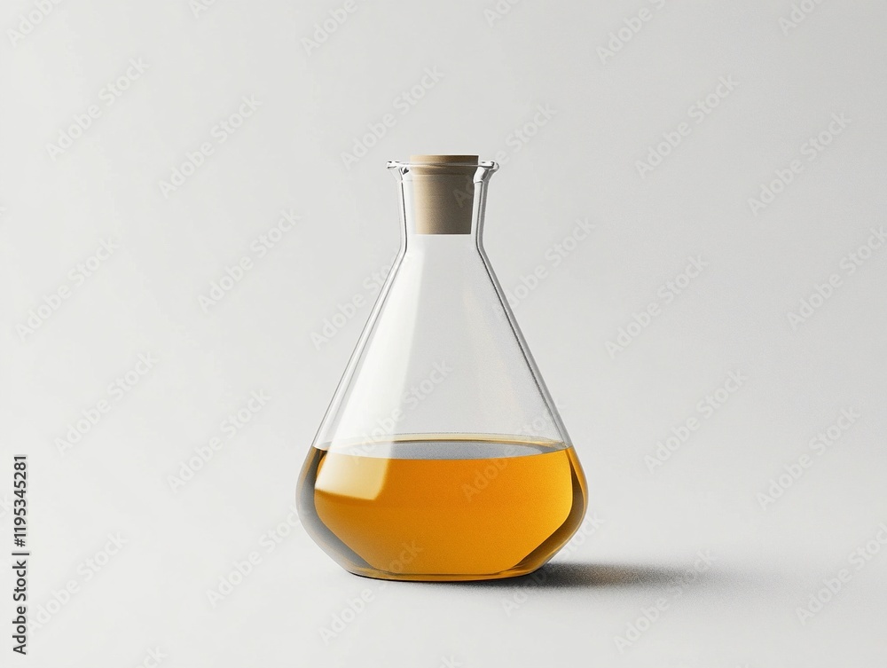 Minimalist glass flask with amber liquid on a white background Minimalist glass flask with amber liquid on a white background