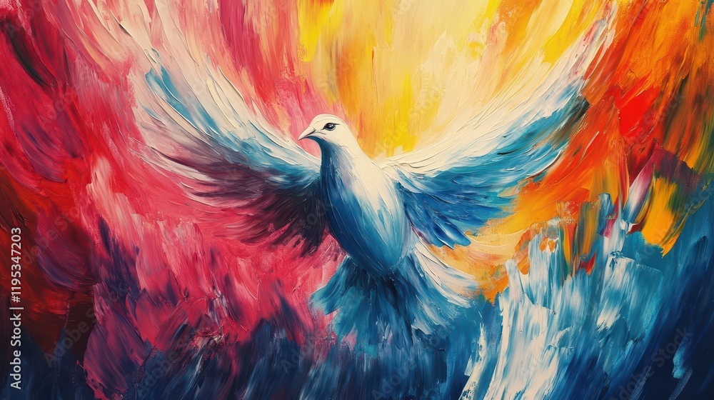 Obraz premium colorful abstract painting of a dove, symbolizing the holy spirit, surrounded by vibrant hues and brush strokes, invoking a sense of peace and hope