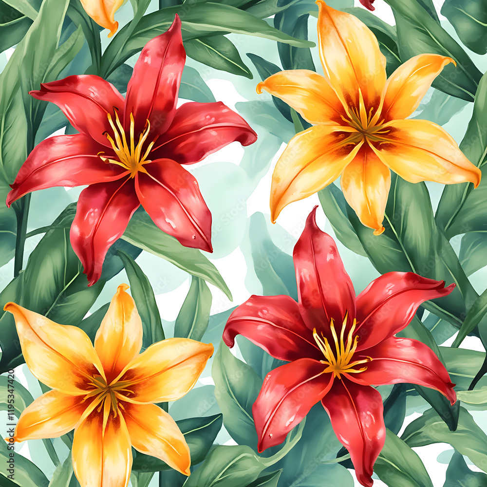 Obraz premium A lively watercolor design featuring exotic lilies with vivid red and yellow petals, set against a backdrop of lush green leaves, forms a captivating tropical motif on the fabric surface.
