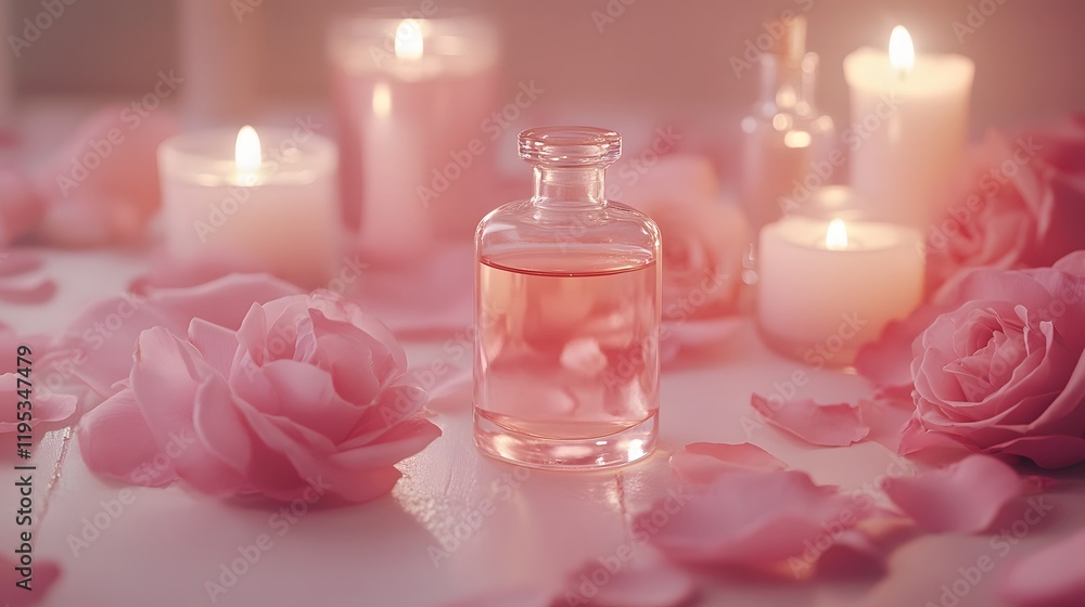 Bottles filled with rose-scented oils set among candles and pink rose petals in a serene atmosphere Bottles filled with rose-scented oils set among candles and pink rose petals in a serene atmosphere