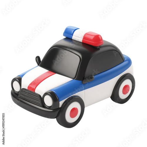 3D. Toy police car with vibrant colors and a playful design on a white background. photo