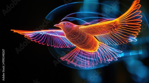 Luminous wireframe bird in flight with glowing orange and blue light trails photo