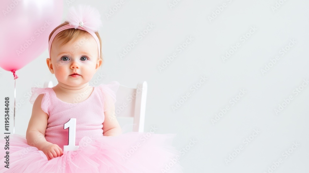 First Birthday Princess: A precious baby girl, adorned in a pink tutu dress and headband, sits on a chair, clutching the number one, with a large pink balloon beside her. First Birthday Princess: A precious baby girl, adorned in a pink tutu dress and headband, sits on a chair, clutching the number one, with a large pink balloon beside her.