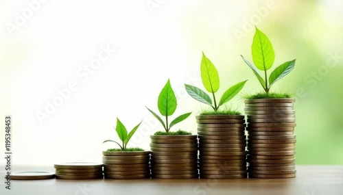 Seedlings growing in a pile of coins lying on the ground. Green investment concept, Adding money to invest. Interest and financial growth concept.