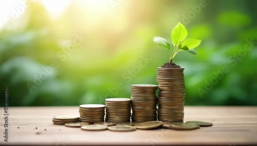 Seedlings growing in a pile of coins lying on the ground. Green investment concept, Adding money to invest. Interest and financial growth concept.